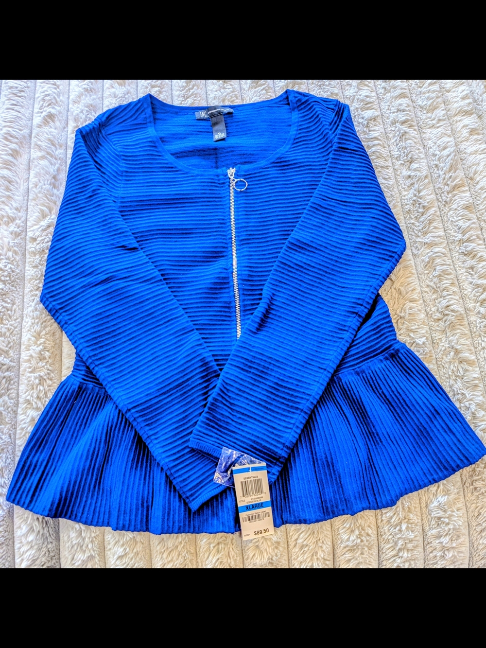 INC International Concepts Royal Blue Ribbed Peplum Zip-Front Top - CB